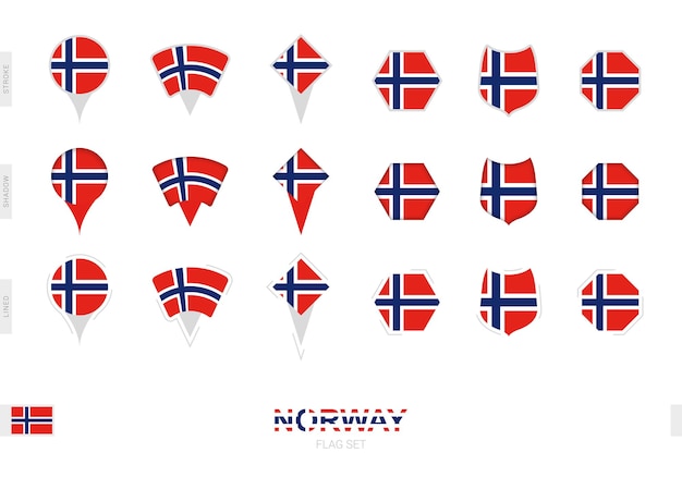 Coleção da bandeira da noruega em diferentes formas e com três efeitos diferentes