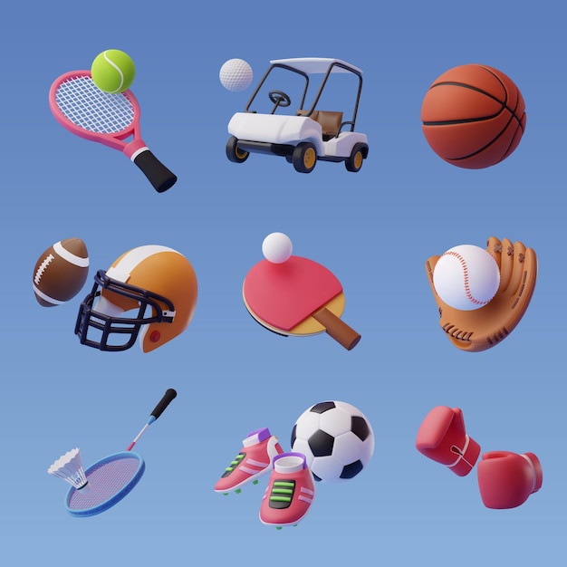 Vetor coleção da coleção de ícones do esporte 3d isolada no conceito azul de esporte e recreação