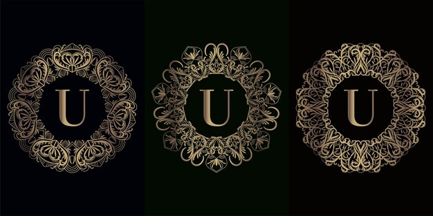 Coleção da inicial do logotipo em U com moldura de ornamento de mandala de luxo