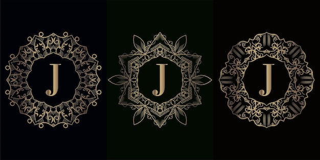 Coleção da inicial do logotipo j com moldura de ornamento de mandala de luxo