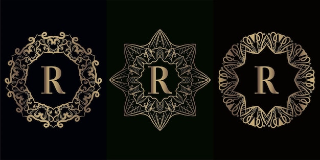 Coleção da inicial do logotipo r com moldura de ornamento de mandala de luxo