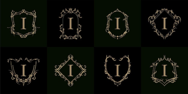 Coleção da inicial i do logotipo com enfeite de luxo ou moldura de flor