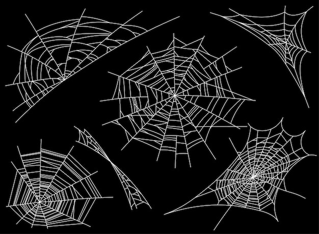 Coleção da teia de aranha, isolada no preto. Teia de aranha. assustador, assustador, horror decoração
