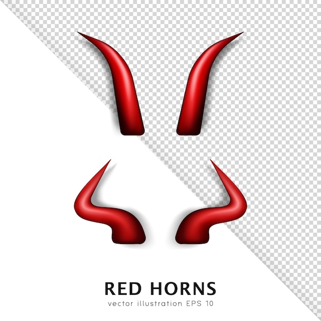 Vetor coleção de 2 chifres de diabo tridimensionais realistas chifres de daemon vermelho brilhante 3d