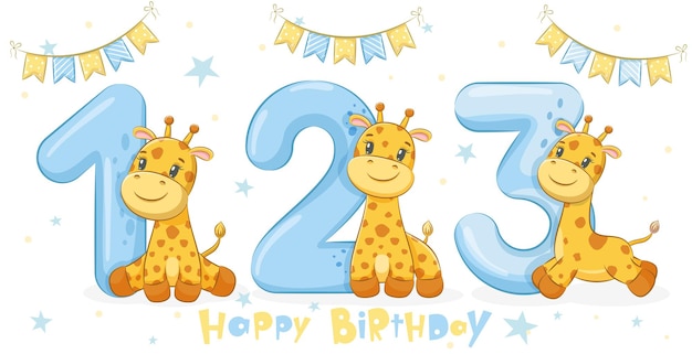 Coleção de 3 girafas fofas "Feliz aniversário, 1,2,3 anos". Ilustração em vetor de um desenho animado.