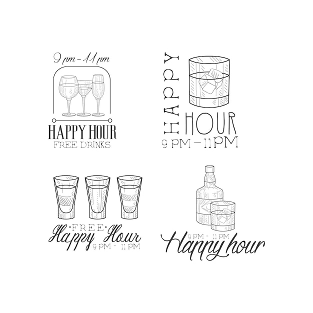 Coleção de 4 sinais de promoção para bar de coquetéis modelos de logotipo preto e branco desenhados à mão com diferentes bebidas bebidas alcoólicas design vetorial original para folheto de cartaz publicitário ou banner