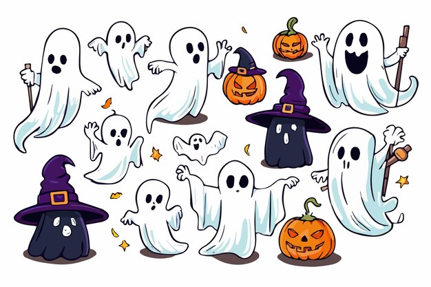 conjunto de ilustrações no estilo de doodle sobre o tema do halloween.  desenhos simples e fofos com fantasmas, abóboras e doces. fotos engraçadas  para crianças 10403146 Vetor no Vecteezy