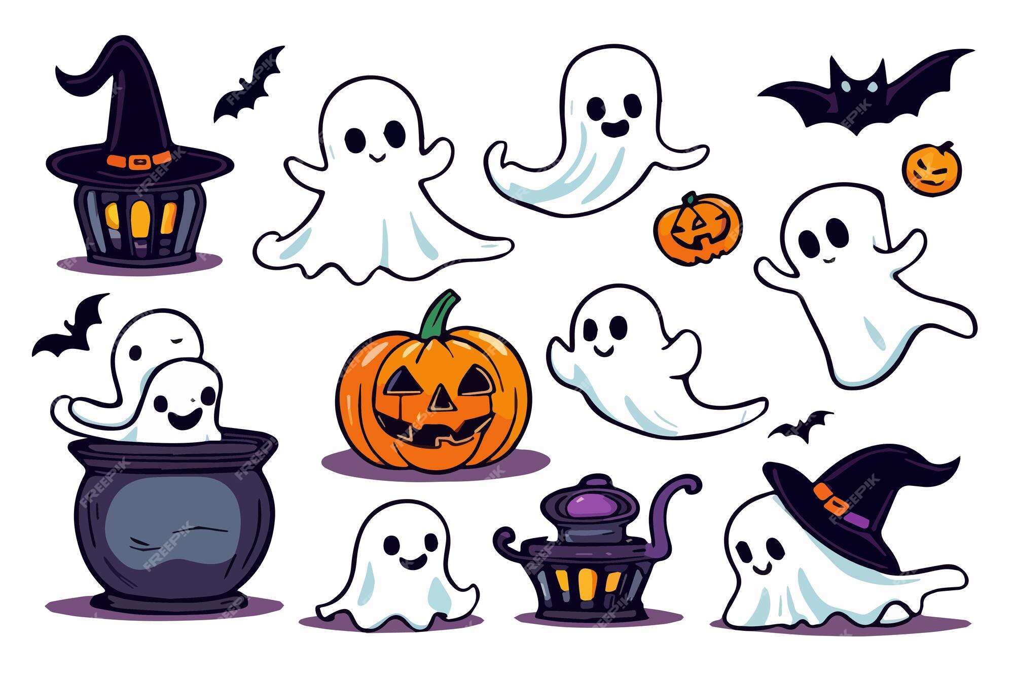 conjunto de ilustrações no estilo de doodle sobre o tema do halloween.  desenhos simples e fofos com fantasmas, abóboras e doces. fotos engraçadas  para crianças 10403146 Vetor no Vecteezy