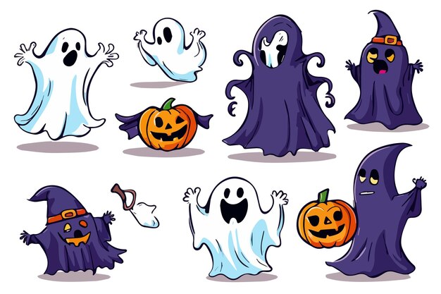 Vetor coleção de abóboras e fantasmas conjunto de esboços de adesivos de halloween conjunto grande doodle