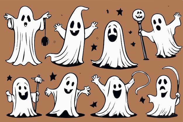 Coleção de abóboras e fantasmas Conjunto de esboços de adesivos de Halloween Conjunto grande doodle