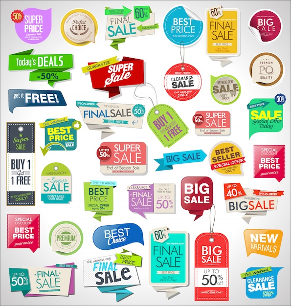 Coleção de adesivos coloridos de venda e tags
