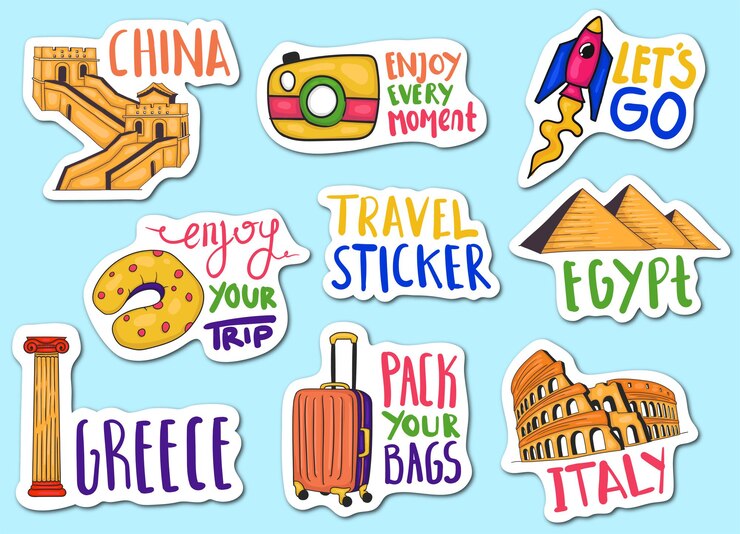 Vetor coleção de adesivos coloridos desenhados à mão para viagens