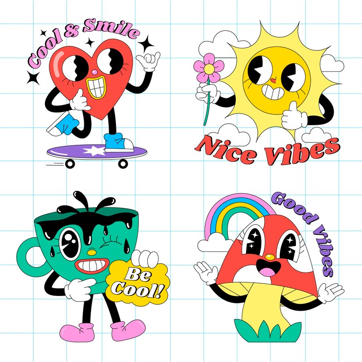 Coleção de adesivos de desenhos animados de boas vibrações desenhados à mão
