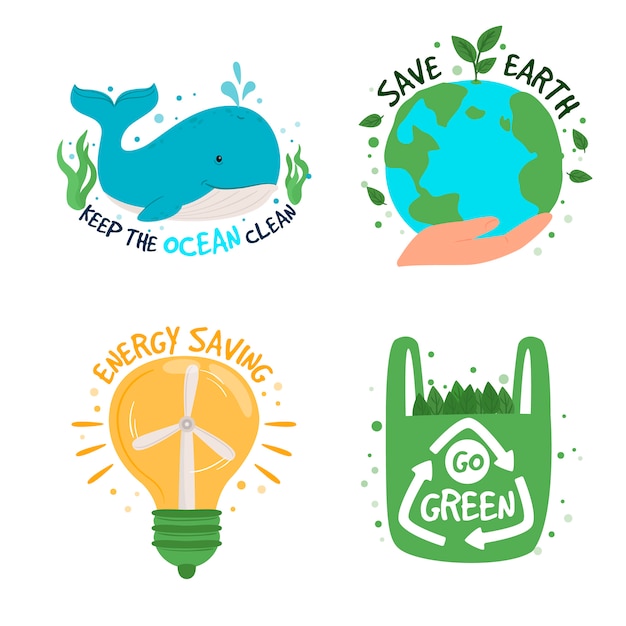 Coleção de adesivos de ecologia com slogans - zero desperdício, reciclagem, ferramentas ecológicas, proteção do meio ambiente.