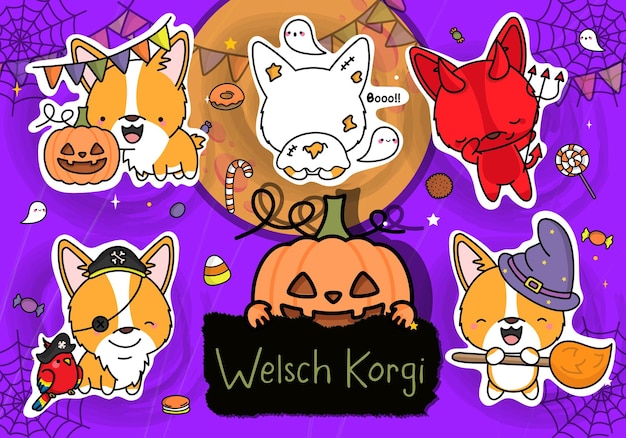 Vetor coleção de adesivos de halloween. conjunto de ilustração de clipart de cachorro corgi halloween bonito.