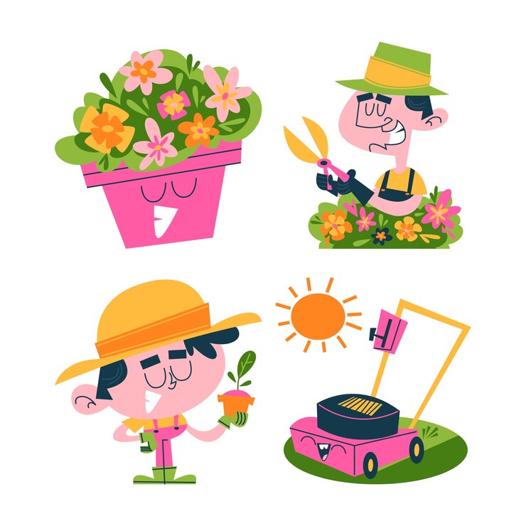 Vetor coleção de adesivos de jardinagem de desenho retrô