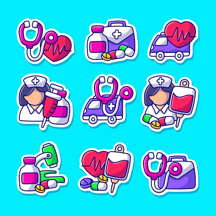 Vetor coleção de adesivos de saúde médica com estilo de doodle desenhado à mão colorida