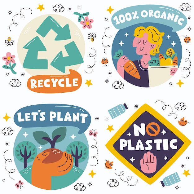 Vetor coleção de adesivos de sustentabilidade do doodle