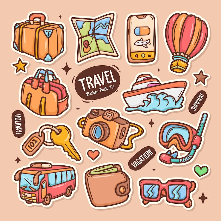 Vetor coleção de adesivos de vetores de rabiscos fofos de turismo de viagem