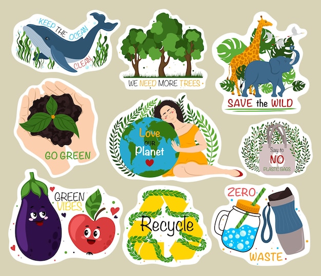 Vetor coleção de adesivos ecológicos de adesivos ecológicos com slogans