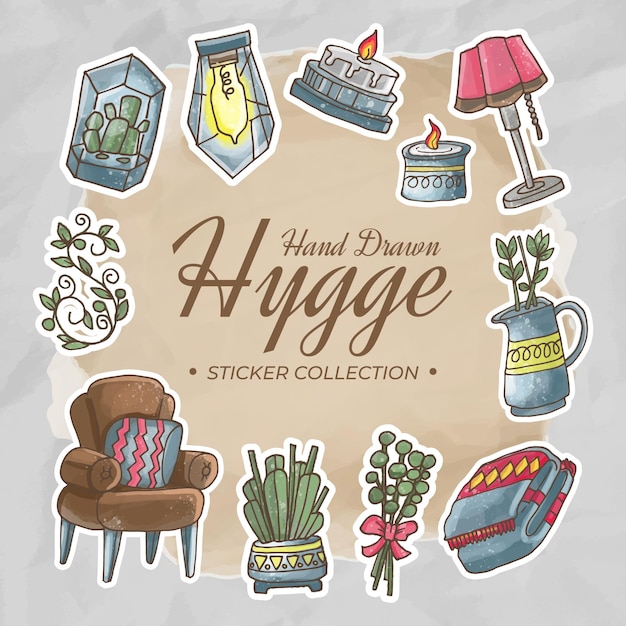 Vetor coleção de adesivos hygge desenhados à mão em tons castanhos