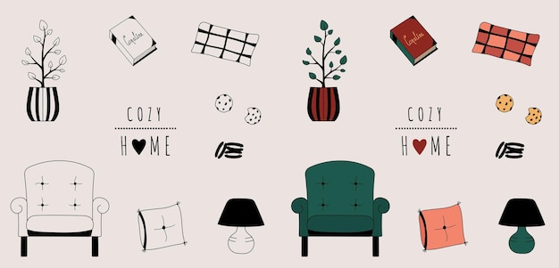 Coleção de adesivos para casa aconchegante doodle. Ilustração vetorial desenhada à mão isolada de itens de interior