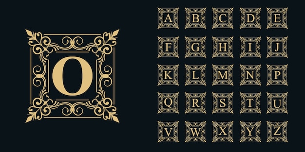 Coleção de alfabeto com ornamento de quadro de logotipo floral.