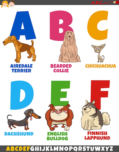 Coleção de alfabeto dos desenhos animados com raças de cães