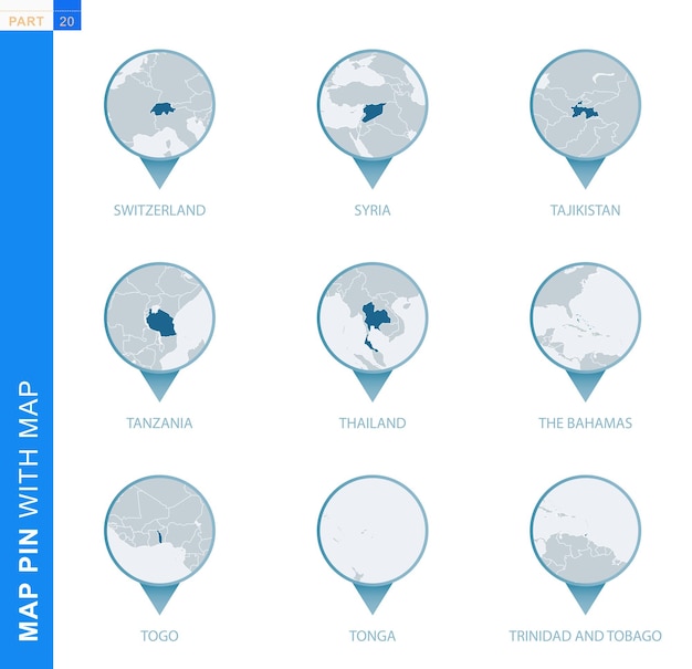 Coleção de alfinetes de mapa com mapa detalhado e países vizinhos, 9 alfinetes de mapa da suíça, síria, taiwan, tajiquistão, tanzânia, tailândia, bahamas, tonga, trinidad e tobago