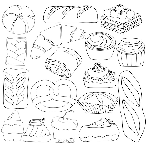 Coleção de alimentos de padaria ou pastelaria desenhada à mão no estilo de arte doodle em fundo branco