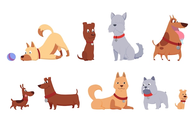 Coleção de amigos de cães e gatos. diferentes tipos de juntos sentados, deitados, brincando ou andando isolados no fundo branco. conjunto de animais de estimação da amizade colorido dos desenhos animados planos engraçados. ilustração vetorial