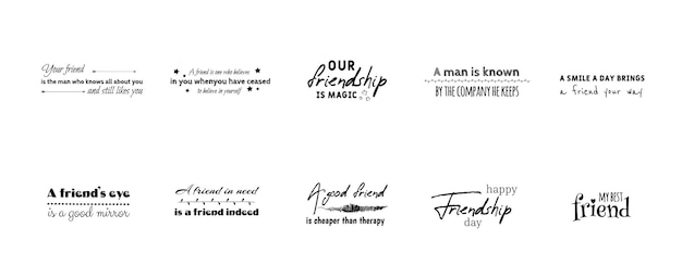Coleção de amizades e citações de amizade escritas à mão com elegante caligrafia