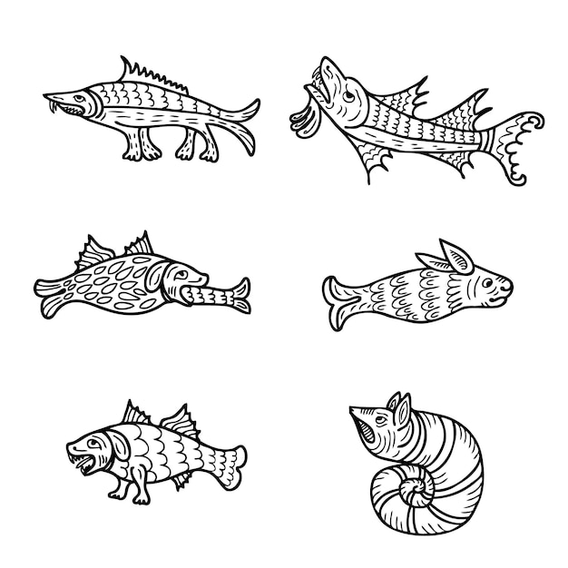 Vetor coleção de animais aquáticos de estilo bestiário medieval conjunto de animais misteriosos desenhados à mão, criações surrealistas