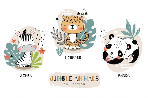 Vetor coleção de animais bebê selva. zebra com personagens de desenhos animados de leopardo e panda. ilustração desenhada mão da cenografia do ícone.