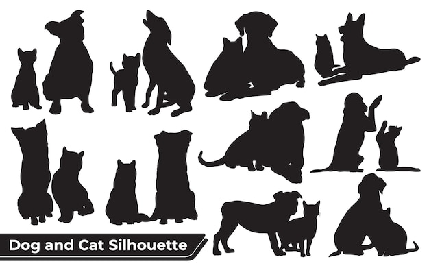 Coleção de animais cão e gato em diferentes posições