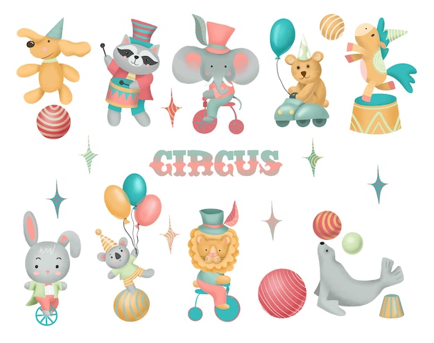 Coleção de animais de circo desenhados à mão, ilustração isolada