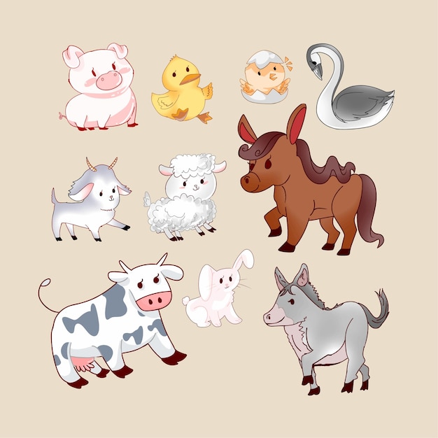 coleção de animais de fazenda bonitos desenhados à mão