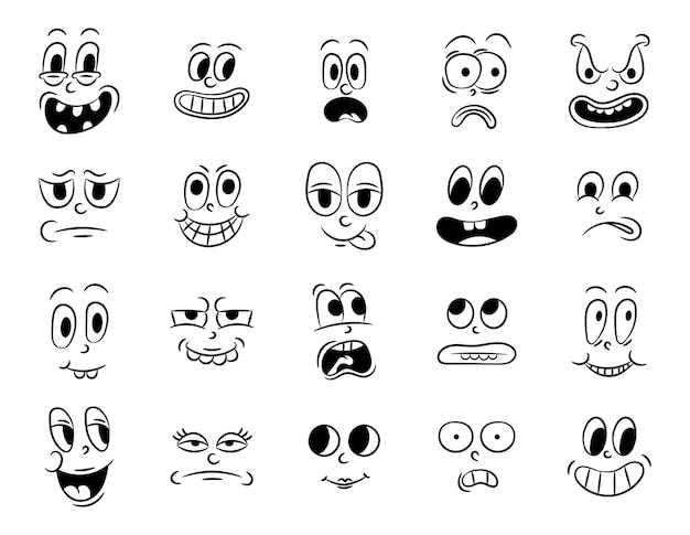 Vetor coleção de antiga animação de desenho animado tradicional retrô rostos vintage de pessoas com emoções diferentes dos anos 20 30 expressões de personagens emoji anos 50 60 cabeça enfrenta elementos de design em estilo cômico