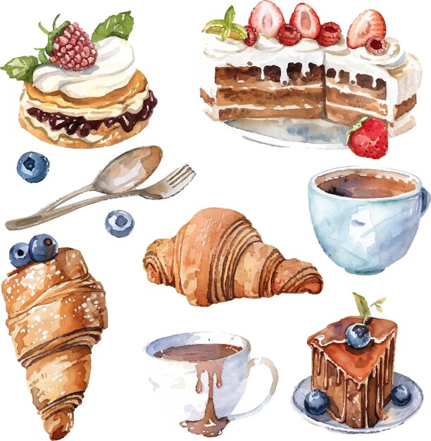 Coleção de aquarelas de bolos de croissants de mirtilos e chocolate quente