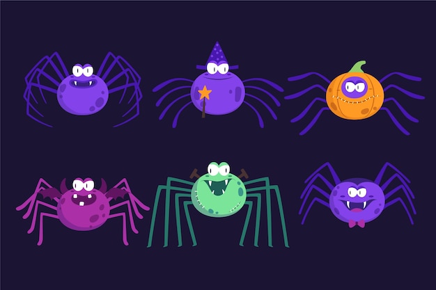 Coleção de aranhas planas de halloween desenhada à mão