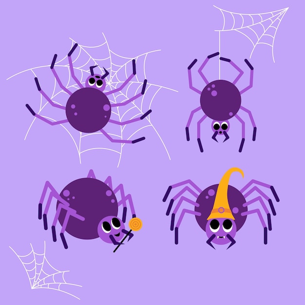 Vetor coleção de aranhas planas de halloween desenhada à mão