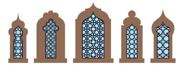 Coleção de arcos e portas de janelas orientais árabes grelha de corte a laser design moderno em molduras pretas mesquita cúpula e lanternas islâmicas ramadan kareem e eid mubarak estilo vetor ilustração