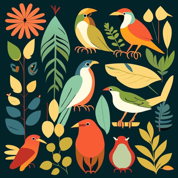 Vetor coleção de arte desenhada à mão de pássaros da floresta tropical