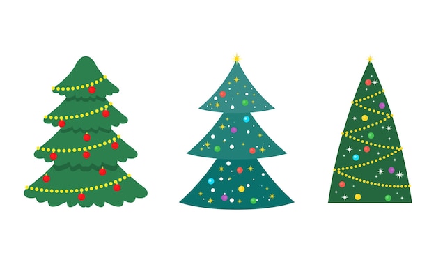 Coleção de árvores de Natal decoradas com bolas Estrelas e Ilustração de Abetos de Garland