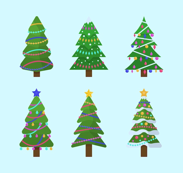 Coleção de árvores de Natal em design plano para cartões, convites, banners, designs web