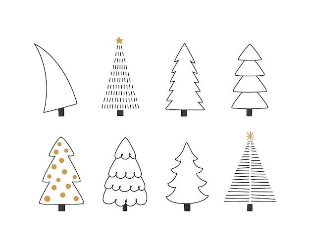 Vetor coleção de árvores e estrelas de inverno desenhadas à mão doodles caprichosos