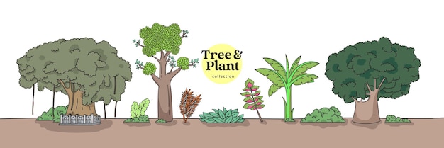 Coleção de árvores e plantas isoladas mão desenhada várias ilustrações de árvores