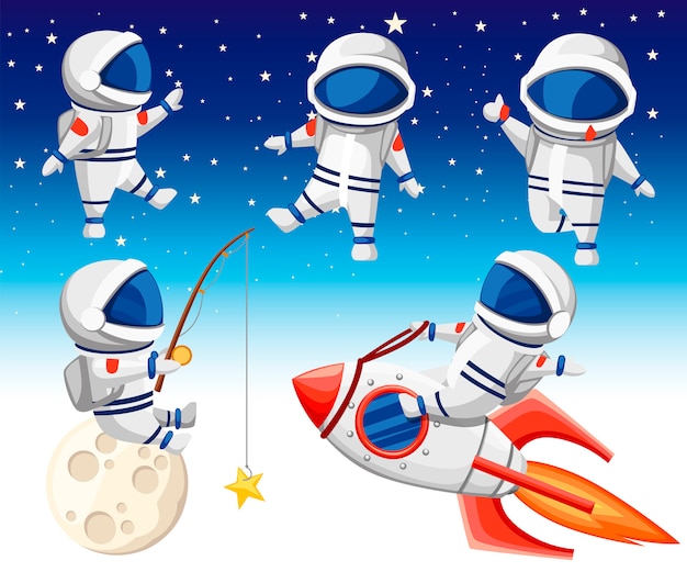 Coleção de astronautas fofa. astronauta senta no foguete, astronauta senta na lua e pesca e três astronautas dançando. estilo. ilustração no fundo do céu