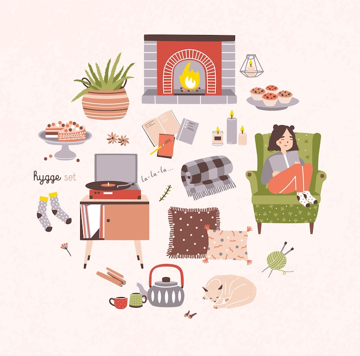 Vetor coleção de atributos de higiene, móveis e decorações para casa dispostos em padrão redondo - lareira, travesseiros, chá, sobremesas, mulher sentada em uma poltrona confortável e lendo. ilustração vetorial