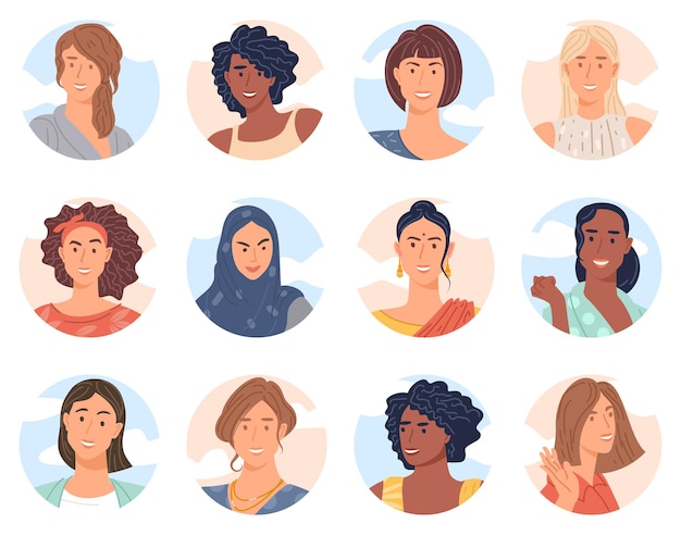 Coleção de avatar de várias mulheres de coleção de vetor de design plano de equipe de negócios diversos. pacote de colegas alegres e sorridentes.